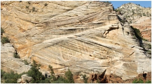   What sedimentary structure is visible in this image? A) Cross-bedding B) Bedding C) Deflation D) Bajada
