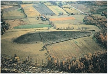   The landform visible in this image is a drumlin.Based on the shape of the drumlin, which direction was the ice coming from? Assume that the top of the figure is north. A) North B) South C) East D) West