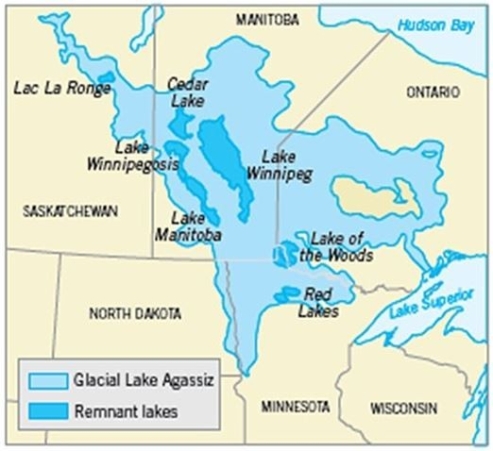   What kind of lake was Lake Agassiz in this image? A) Kettle lake B) Proglacial lake C) Pluvial lake D) Tarn