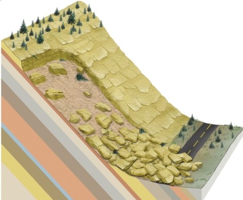   Identify the mass-wasting event in this image. A) Fall B) Rockslide C) Debris flow D) Slump
