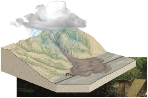  Identify the mass-wasting event in this image. A) Solifluction B) Lahar C) Mudflow D) Slump