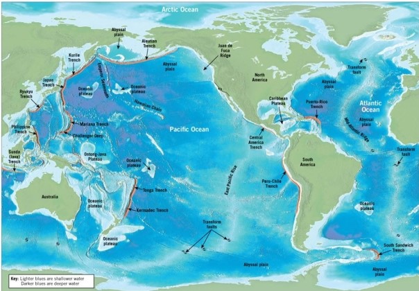   Based on the seafloor features labeled on this map, what kind of tectonic boundary would you say surrounds the Pacific Ocean basin? A) Convergent B) Divergent C) Transform