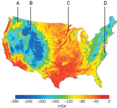   Which of the following is a negative gravity anomaly on this map? A) Location A B) Location B C) Location C D) Location D