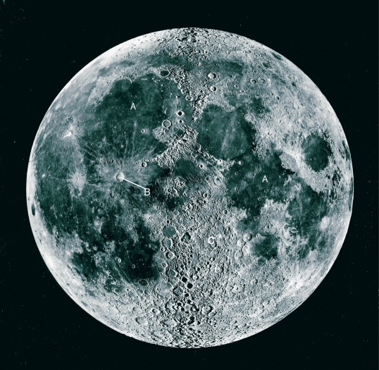 Carefully examine the telescopic view of the lunar surface (near side) below and the features labeled A, B, and C.   (a) Give a brief description that characterizes the bright area around C. (b) Notice the features like those labeled A. What are such features called? (c) How are craters like the one labeled B different from the craters of the area labeled C? (d) In what order (from first to latest) did the features form that are labeled A, B, and C?