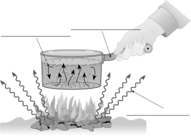 Label the mechanisms of heat transfer on the diagram below.  
