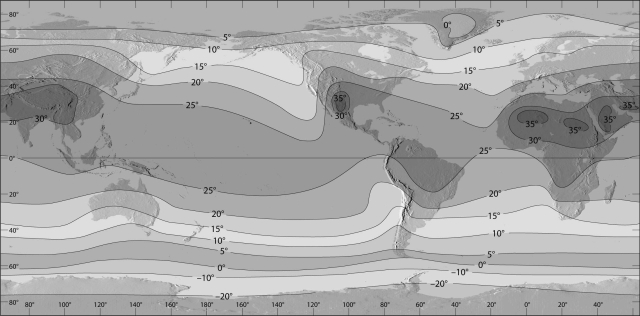 What month is represented on the world temperature diagram below, January or July?  