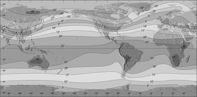 What month is represented on the world temperature diagram below, January or July?  