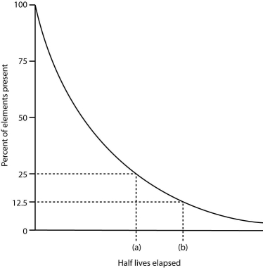 (a) In the chart of radioactive decay shown below, how many half-lives have elapsed by time (a)?_______________ (b) How many half-lives have elapsed by time (b)? _______________  