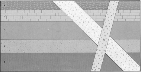 Examine the geologic cross section below.   (a) Which feature is the youngest? ______________________________ (b) Which feature is the oldest? ______________________________