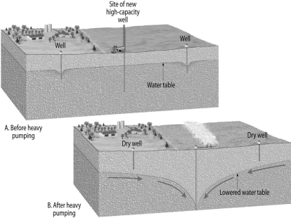 What is the name of the localized lowering of the water table shown in the diagram below?  