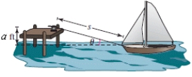 A boat is pulled in by means of a winch located on a dock   feet above the deck of the boat (see figure) .Let θ be the angle of elevation from the boat to the winch and let s be the length of the rope from the winch to the boat.Write θ as a function of s. ​   ​ A)    B)    C)    D)    E)   