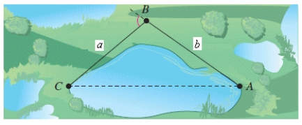 To approximate the length of a marsh, a surveyor walks 255 meters from point A to point B, then turns 81° and walks 225 meters to point C (see figure) .Approximate the length AC of the marsh. ​   ​ Where a = 225 m, b = 255 m ​ A) 365.5 m B) 359.5 m C) 370.5 m D) 371.5 m E) 360.5 m