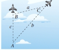 To determine the distance between two aircraft, a tracking station continuously determines the distance to each aircraft and the angle between them (see figure) .Determine the distance a between the planes when A = 52° miles, b = 22 miles, and c = 19 miles. ​   ​ A) 18.2 mi B) 20.2 mi C) 36.9 mi D) 24.2 mi E) 21.2 mi