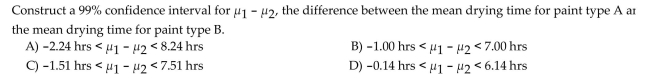 Construct the indicated confidence interval for the difference between the two population means. Assume that the two samples are independent simple random samples selected from normally distributed populations. Also Assume that the population standard deviations are equal ( ), so that the standard error of the difference Between means is obtained by pooling the sample variances. A paint manufacturer wanted to compare the Drying times of two different types of paint. Independent simple random samples of 11 cans of type A and 9 Cans of type B were selected and applied to similar surfaces. The drying times, in hours, were recorded. The Summary statistics are as follows.