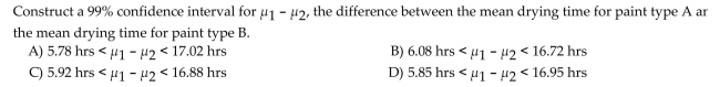 Construct the indicated confidence interval for the difference between the two population means. Assume that the two samples are independent simple random samples selected from normally distributed populations. Do Not assume that the population standard deviations are equal. A paint manufacturer wished to compare the Drying times of two different types of paint. Independent simple random samples of 11 cans of type A and 9 Cans of type B were selected and applied to similar surfaces. The drying times, in hours, were recorded. The Summary statistics are as follows.