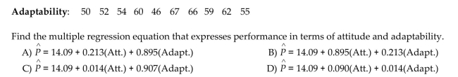 Find the indicated multiple regression equation. Below are performance and attitude ratings of employees. Managers also rate the same employees according to adaptability, and below are the results that correspond to those given above.