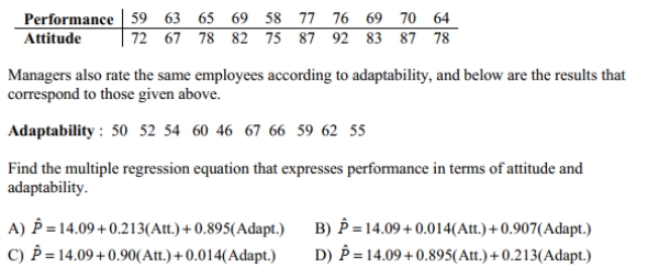 Find the indicated multiple regression equation. Below are performance and attitude ratings of employees.