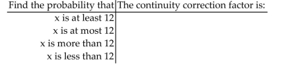 Provide an appropriate response. Complete the following table for a distribution in which   It might be helpful to make a diagram to help you determine the continuity factor for each entry.  <div style=padding-top: 35px> 