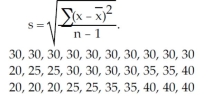 Provide an appropriate response. Without calculating the standard deviation, compare the standard deviation for the following three data sets. (Note: All data sets have a mean of 30.)Which do you expect to have the largest standard deviation and which do you expect to have the smallest standard deviation? Explain your answers in terms of the formula