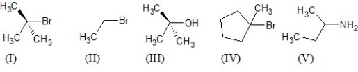 Which of the following five substrates is the most likely to be the substrate in an S<sub>N</sub>1 reaction?   A)  (I)  B)  (II)  C)  (III)  D)  (IV)  E)  (V) 