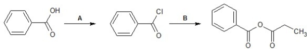 Identify reagents A and B required for the following transformation of acyl groups:   A)  A = (COCl) <sub>2</sub>; B = C<sub>2</sub>H<sub>5</sub>CHO B)  A = (COCl) <sub>2</sub>; B = C<sub>2</sub>H<sub>5</sub>COOH C)  A = HCl; B = C<sub>2</sub>H<sub>5</sub>COOH D)  A = (COCl) <sub>2</sub>; B = C<sub>2</sub>H<sub>5</sub>-CH<sub>2</sub>OH E)  A = HCl; B = C<sub>2</sub>H<sub>5</sub>CHO