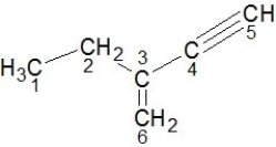 Identify the hybridization of carbon atoms numbered 1-6 in the structure below:   A)  Carbons 1 and 2 are sp<sup>3</sup>, carbons 3 and 6 are sp<sup>2</sup>, carbons 4 and 5 are sp hybridized. B)  Carbons 1 and 3 are sp<sup>3</sup>, carbons 2 and 5 are sp<sup>2</sup>, carbons 4 and 6 are sp hybridized. C)  Carbons 2 and 3 are sp<sup>3</sup>, carbons 4 and 5 are sp<sup>2</sup>, carbons 1 and 6 are sp hybridized. D)  Carbons 4 and 5 are sp<sup>3</sup>, carbons 3 and 6 are sp<sup>2</sup>, carbons 1 and 2 are sp hybridized. E)  Carbons 3 and 6 are sp<sup>3</sup>, carbons 4 and 5 are sp<sup>2</sup>, carbons 1 and 2 are sp hybridized.