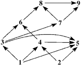   Figure 42.2 Diagram of a food web (arrows represent energy flow and numbers represent species)  -If Figure 42.2 represents a terrestrial food web,the combined biomass of 3 + 4 would probably be A) greater than the biomass of 1. B) less than the biomass of 8. C) greater than the biomass of 2. D) less than the biomass of 1 + 2. E) less than the biomass of 6.