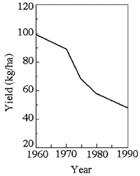 In west Texas,cotton has become an important crop in the last several decades.However,in this hot,dry part of the country there is little rainfall,so farmers irrigate their cotton fields.They must also regularly fertilize the cotton fields because the soil is very sandy.Figure 29.1 shows the record of annual productivity (measured in kilograms of cotton per hectare of land) since 1960 in a west Texas cotton field.Use these data to answer the following question(s) .    Figure 29.1 -Based on the information provided in Figure 29.1,what is the most likely cause of the decline in productivity? A) The farmer used the wrong kind of fertilizer. B) The cotton is developing a resistance to the fertilizer and to irrigation water. C) Water has accumulated in the soil due to irrigation. D) The soil water potential has become more negative due to salination.