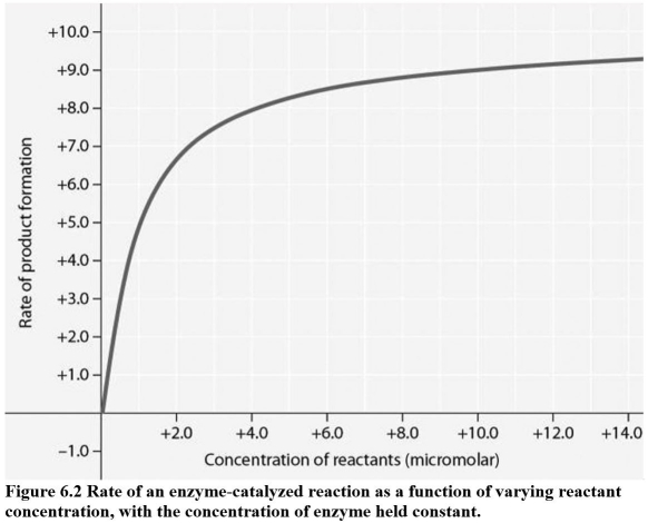   -In Figure 6.2,why does the reaction rate plateau at higher reactant concentrations? A) Feedback inhibition by the product occurs at high reactant concentrations. B) Most enzyme molecules are occupied by substrate at high reactant concentrations. C) The reaction nears equilibrium at high reactant concentrations. D) The activation energy for the reaction increases with reactant concentration.