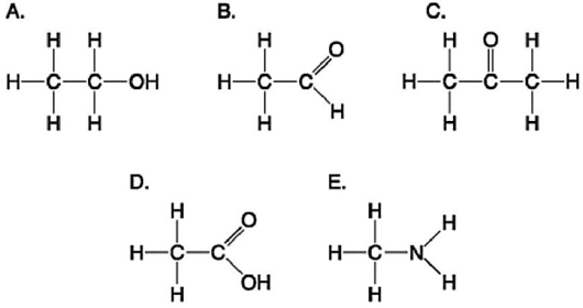   Figure 3.5 -Which molecule shown in Figure 3.5 contains a carboxyl group? A) A B) B C) C D) D E) E