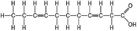   Figure 3.9 -Which of the following statements regarding the molecule illustrated in Figure 3.9 is true? A) It is a saturated fatty acid. B) It is an entirely nonpolar molecule. C) Molecules of this type are usually liquid at room temperature. D) It is highly soluble in water.