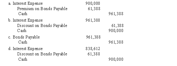 Cramer Corp. issued $20,000,000 of 5-year, 9% bonds at a market (effective) interest rate of 10%, receiving cash of $19,227.757. Interest on the bonds is payable semiannually. What is the entry to record the first semiannual interest payment, and the amortization of the bond discount, using the interest method?  