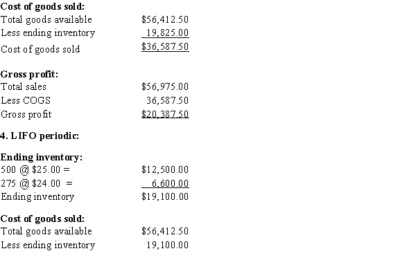 Total sales (not dependent on inventory method):   Total merchandise available for sale:   ​ 1. & 2. FIFO perpetual, FIFO periodic: There is no difference between these methods since FIFO is always first-in, first-out.Ending inventory: Total units - Units sold = Ending inventory units 2,300 - 1,525 = 775 units   Cost of goods sold:   Gross profit:    3. LIFO perpetual:     Cost of goods sold $37,312.50  