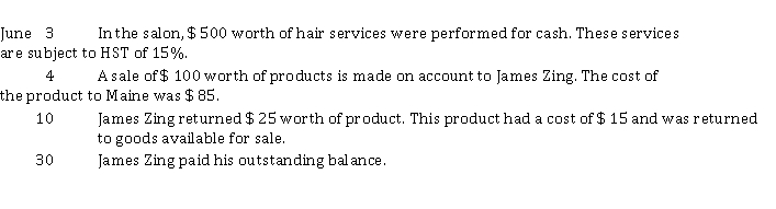 Maine Event is a new salon located in Saint John, New Brunswick. The following information relates to transactions that took place in June. Maine Event uses a perpetual inventory system and uses the earnings approach for revenue recognition.   Instructions Prepare the journal entries to record these transactions. Do not round amounts.