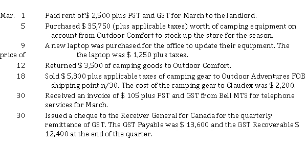 Claudex Camping Store uses a periodic inventory system and is located in Winnipeg, Manitoba where the PST rate is 8%. Claudex uses the earnings approach for revenue recognition. The following transactions took place in March:   Instructions Prepare the journal entries for the month of July. Do not round amounts.