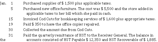 Ellie Smith is located in Gander Newfoundland and provides bookkeeping services to local businesses. The HST rate in her area is 15%. The following transactions took place in January:   Instructions Prepare the required journal entries. Do not round amounts.