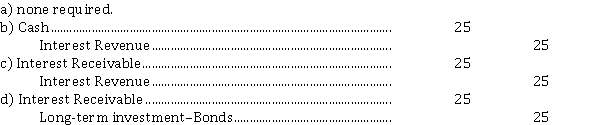On January 1, 2021, Manny Manufacturing Ltd. purchased at face value, a $ 1,000, 5%, bond that pays interest on January 1 and July 1. Manny Manufacturing has a calendar year end. The adjusting entry on December 31, 2021, is  <div style=padding-top: 35px> 