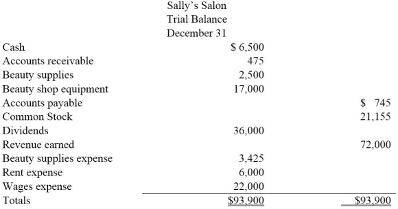 Based on the following trial balance for Sally's Salon,prepare an income statement,statement of retained earnings,and a balance sheet.Sally Crawford,the sole stockholder,made no additional investments in the company during the year.  