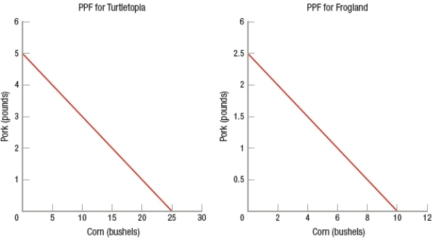 (Figure: Turtletopia and Frogland PPFs) Turtletopia has the absolute advantage in producing both corn and pork.  