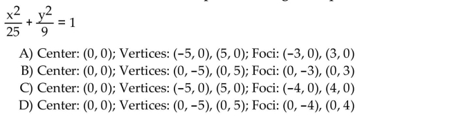 Find the center, vertices, and foci of the ellipse with the given equation.