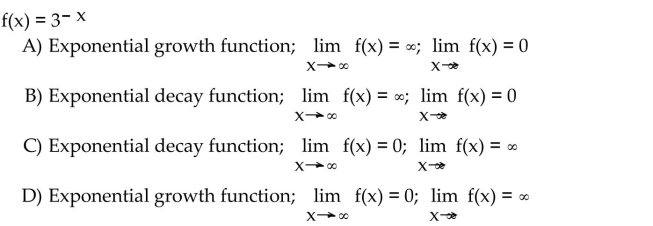 State whether the function is an exponential growth function or exponential decay function, and describe its end behavior using limits.