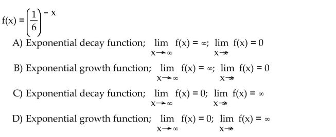 State whether the function is an exponential growth function or exponential decay function, and describe its end behavior using limits.