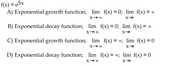 State whether the function is an exponential growth function or exponential decay function, and describe its end behavior using limits.