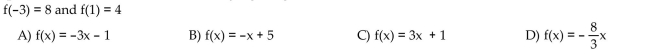 Write an equation for the linear function f satisfying the given conditions.