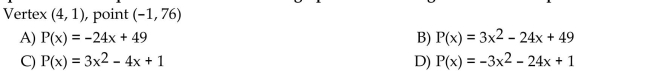 Write an equation for the quadratic function whose graph contains the given vertex and point.