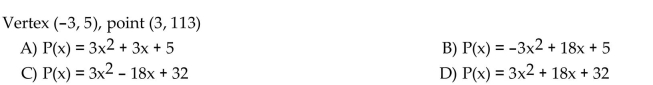Write an equation for the quadratic function whose graph contains the given vertex and point.