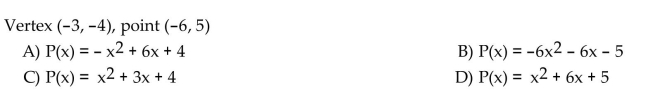 Write an equation for the quadratic function whose graph contains the given vertex and point.