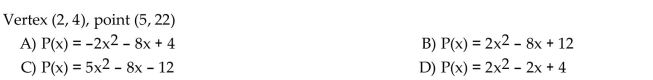 Write an equation for the quadratic function whose graph contains the given vertex and point.