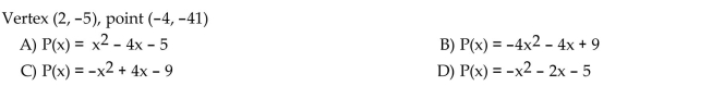 Write an equation for the quadratic function whose graph contains the given vertex and point.