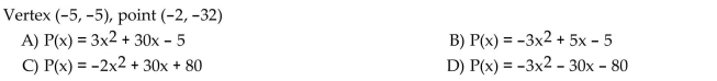 Write an equation for the quadratic function whose graph contains the given vertex and point.